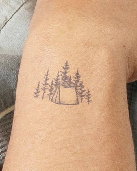 Our tattoos last 1-2 weeks and fade as your skin naturally regenerates. Painless and easy to apply. Delivered to your doorstep. Small Camping Tattoo Ideas, Appalachia Tattoo Ideas, Tattoo Camping Nature, Simple Nature Tattoos Men, Camping Tattoo Ideas Simple, Simple Outdoor Tattoos, Outdoors Tattoo Ideas, Camping Tattoo For Women, Stick Season Tattoo