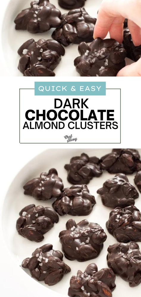 Save this Quick & Easy Dark Chocolate Almond Clusters Recipe. It doesn’t get easier than these 5-minute Dark Chocolate Almond Clusters! Vegan, gluten-free, and absolutely delicious, this quick and healthy holiday dessert is made with just two simple ingredients. Follow Chef Savvy for more holiday dessert recipes! Chocolate Almond Clusters, Nut Cluster Recipe, Chocolate Nuts Clusters, Clusters Recipe, Almond Clusters, Dark Chocolate Desserts, Chocolate Covered Nuts, Almond Desserts, Dark Chocolate Bark