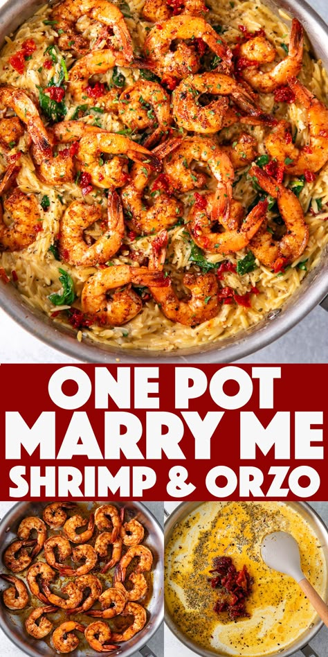 One Pot "Marry Me" Shrimp and Orzo Pasta - freshly sautéed juicy shrimp in a creamy flavor-packed tuscan inspired sun-dried tomato sauce with orzo and spinach. Family Shrimp Dinner Ideas, Tasty Cajun Shrimp, Shrimp With Sundried Tomatoes Recipe, Shrimp Orzo Dinner Recipes, Tuscan Shrimp And Spinach Pasta, Shrimp Meat Recipes, One Pot Meals Shrimp, Tuscan Shrimp Orzo With Spinach, Cheap Shrimp Meals