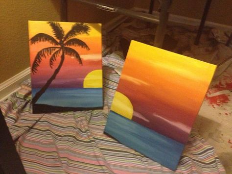 Beach sunset painting #painting #sunset #beach Couples Painting Ideas Canvases, Painting Sunset Beach, Couples Painting, Beach Sunset Painting, Palm Trees Painting, Wine And Canvas, Painting Sunset, Paint Nite, Painting Canvases