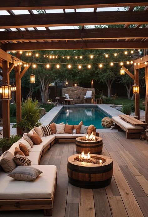 Slim Backyard Ideas, Backyard Pool With Pergola, Rectangle Pool Backyard Ideas, Wooden Deck Around Pool, Jacuzzi With Deck, Simple Backyard With Pool, Country Swimming Pools, Pool In Backyard Ideas, Cute Backyard With Pool