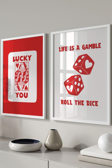 Trendy Printable Walln Art Set of 2 Room Decor Red Aesthetic, Lucky Me Poster, Red Wall Art Aesthetic, Queen Of Hearts Card Aesthetic, Lucky You Print, Trendy Retro Wall Art, Red Aesthetic Prints, Lucky You Poster, Gamble Aesthetic