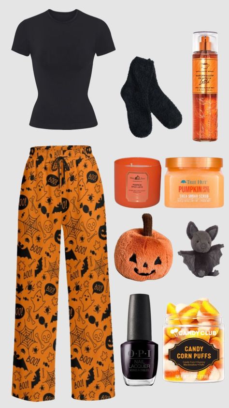 #halloween #pajamas Casual Halloween Outfits, Halloween Fashion Outfits, Halloween Sleepover, Halloween Pjs, October Outfits, Preppy Fall Outfits, Halloween Pajamas, Cute Pajama Sets, Preppy Fall