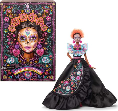 PRICES MAY VARY. Barbie continues its Día De Muertos series in 2024 with a lovingly designed doll. Her festive fashion is infused with references to the traditions, symbols, and rituals of this time-honored holiday. Barbie doll’s satiny black dress is accented by a sky-blue ruffled bodice and rose-pink ribbon belt. Vibrant “embroidery” of bones, flowers, and sugar skulls bloom across the top and skirt. Her headpiece is made of gathered fabric and mimics the shape of marigold petals. Its rich ora Marigold Headpiece, Barbie Catrina, Pink Flower Ring, Blue Ruffle Top, Barbie Signature, Jewelry Frames, Beautiful Black Dresses, Pintura Facial, Día De Muertos