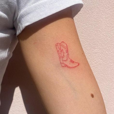 Cowboy Aesthetic Tattoo, Pink Pony Club Tattoo, Red Tatooes, Saddle Tattoo, Red Tattoo Aesthetic, Black And Red Tattoo, Cowgirl Tattoo, Boot Tattoo, Cowboy Boot Tattoo