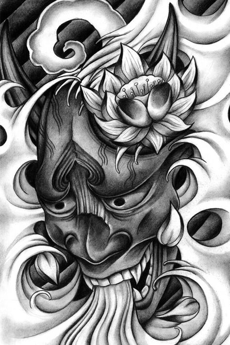 Hannya Maske, Japanese Demon Tattoo, Japanese Mask Tattoo, Black Flowers Tattoo, Oni Tattoo, Hannya Mask Tattoo, Japanese Flower Tattoo, Buddha Tattoo Design, Lotus Tattoo Design