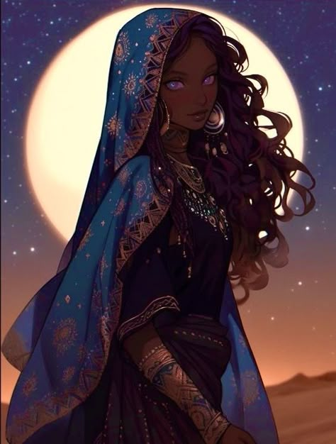 Kalashtar Dnd Female, Genie Female, Moon Sorcerer, Black Oc Female, Black Female Character Design, Goddess Oc, Colored Characters, Egyptian Girl, Oc Manga