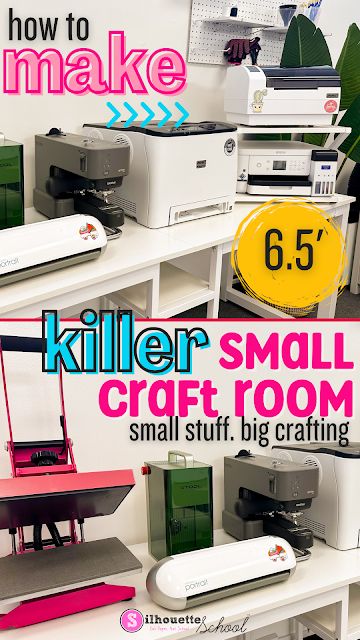 8 Mini Machines to Setup a Killer Small Craft Room Craft And Makeup Room, Circut Work Station, Small Craft Room Set Up, Heat Press Station Ideas, Crafting Table Ideas Work Stations, Small Craft Room Layout, Craft Room Design Layout Small Spaces, Cricut Desk Set Up, Craft Room Layout Ideas Floor Plans