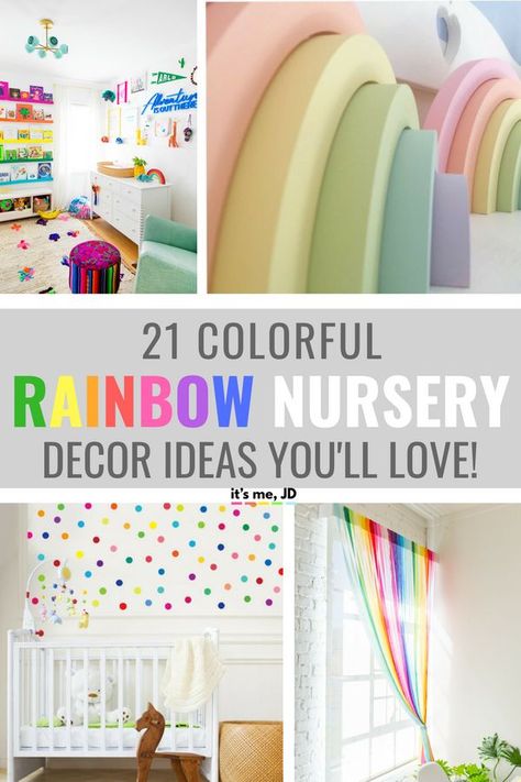 21 Colorful Decor Ideas For A Rainbow Themed Nursery #rainbownursery #rainbowbaby #rainbowdecor #rainbows #rainbowart Nursery Decor Colorful, Colorful Rainbow Nursery, Bright Colour Nursery Ideas, Baby Rooms Colorful, Colourful Nursery Decor, Rainbow Baby Room Nurseries, Nursery Ideas Rainbow, Nursery Room Inspiration Colorful, Rainbow Baby Nursery Ideas