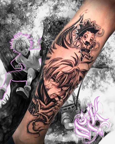 Dark Anime Tattoo, Hxh Tattoo, Awful Tattoos, Inner Darkness, Hunter Tattoo, Body Tattoo Design, H Tattoo, Skull Coloring Pages, Manga Tattoo