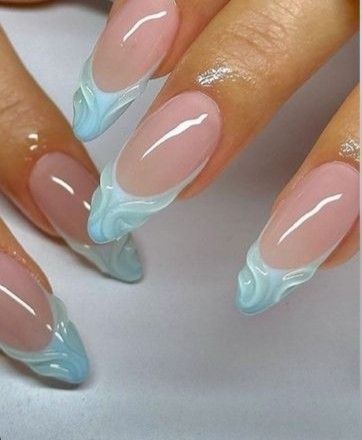 Blue Water Nail Designs, Simple Baby Blue Nails, Water Inspired Nails, Holloween Nails, Romantic Nails, Summery Nails, Vibrant Nails, Glow Nails, Almond Acrylic Nails