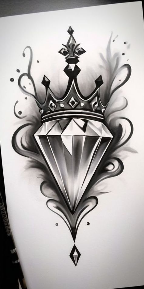 Queen Chest Piece Tattoos, Hustler Tattoos For Women, Crown And Diamond Tattoo, Tattoo Ideas For Men Stencil, Diamond Tattoo Men, Hustler Tattoo, Sunset Tattoo Design, Diamante Tattoo, Diamond Crown Tattoo