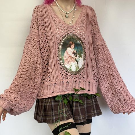 Pastel pink knitted long sleeve sweater Fairy Grunge Pink Outfits, Pastel Goblincore Outfit, Fairy Core Sweater, Fairy Pink Outfit, Pastel Fairy Core Outfits, Fairy Core Pink Outfits, Pastel Fairy Aesthetic Clothes, Pastel Grunge Aesthetic Outfits, Pink Fairy Core Outfits