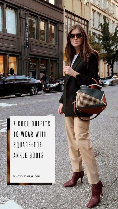 Cool outfits to wear with square-toe ankle boots Styling Square Toe Boots, Square Ankle Boots Outfit, Square Toed Boots Outfit, Black Ankle Boots Outfit Fall, Square Boots Outfit, Pointed Boots Outfit, Square Toe Boots Outfit, Heeled Booties Outfit, Ankle Boots Outfit Winter