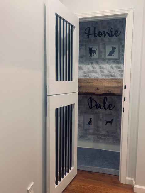 Hall Closet Dog Room, Closet Pet Room, Coat Closet Dog Kennel, Dog Kennel In Closet Ideas, Dog House In Closet, Dog Kennel In Closet, Closet Into Dog Room, Closet Dog Room Ideas, Closet Dog Kennel