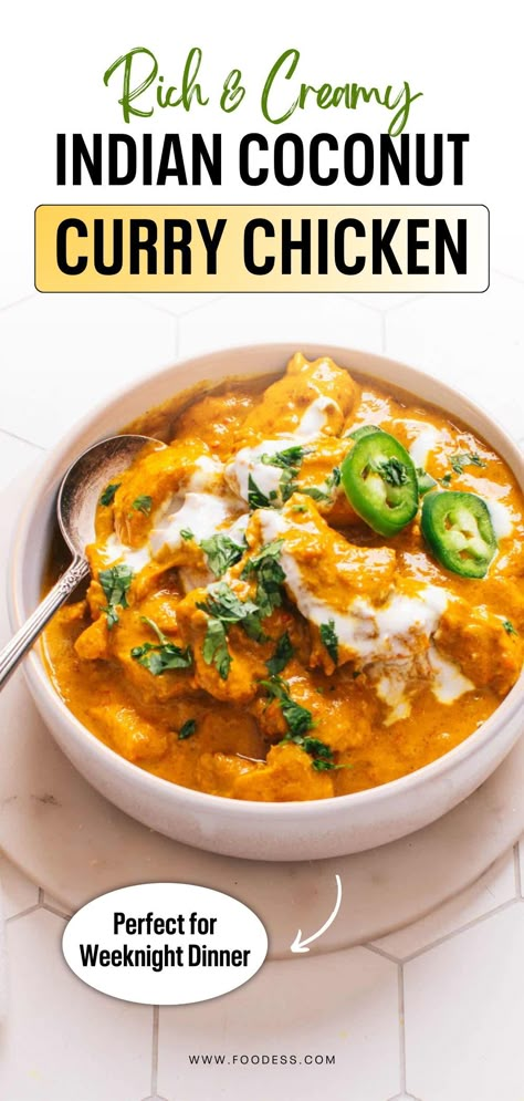 Perfect for weeknight dinners, this Creamy Indian Coconut Curry Chicken is so quick and easy to make! Aromatic spices like curry powder, turmeric, and cayenne pepper mix with rich coconut milk for an irresistibly creamy sauce. Serve it with steamed basmati rice, naan bread, paratha, or roti. This delicious chicken curry also pairs well with a tangy cucumber salad or beans stir fry. Great family friendly meals or for special occasions. Find the full coconut chicken curry recipe on my blog! Yellow Curry Powder Recipes, Thai Chicken Curry With Coconut Milk, Curry Sauce Recipe Easy, Mild Curry Recipes, Instant Pot Coconut Curry Chicken, Indian Coconut Chicken Curry, Indian Coconut Curry, Coconut Chicken Curry Recipe, Steam Chicken Recipe