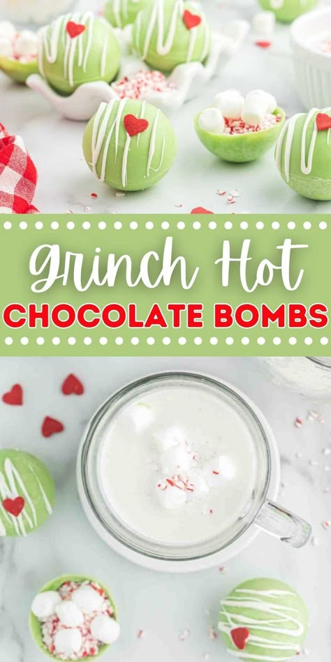 Grinch Hot Chocolate Bombs are so fun and festive. These hot cocoa bombs are perfect for movie night and make a great gift. The festive outside is the perfect shade of green topped with a heart. The inside is packed with crushed candy canes, mini marshmallows and hot chocolate mix. #dessertsonadime #grinchhotchocolatebombs #hotchocolatebombrecipe Grinch Hot Chocolate, Popular Christmas Movies, Fine Dining Desserts, Peppermint Hot Cocoa, Bombe Recipe, Christmas Hot Chocolate, Hot Coco, Christmas Food Dinner, Chocolate Bomb