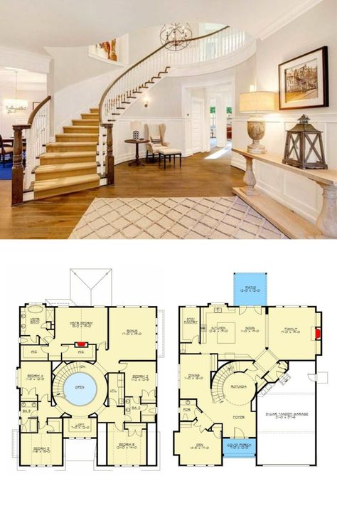 Floor Plans With 2 Staircases, House Layouts Modern Farmhouse, 5bedroom House Plans 2 Story Simple, Five Bedroom House Plans Modern, Open House Plans 2 Story, House Plan With Curved Staircase, Staircase Plans Layout, 6 Bedroom House Plans 2 Story Farmhouse, 5 Bedroom House Plans Open Floor