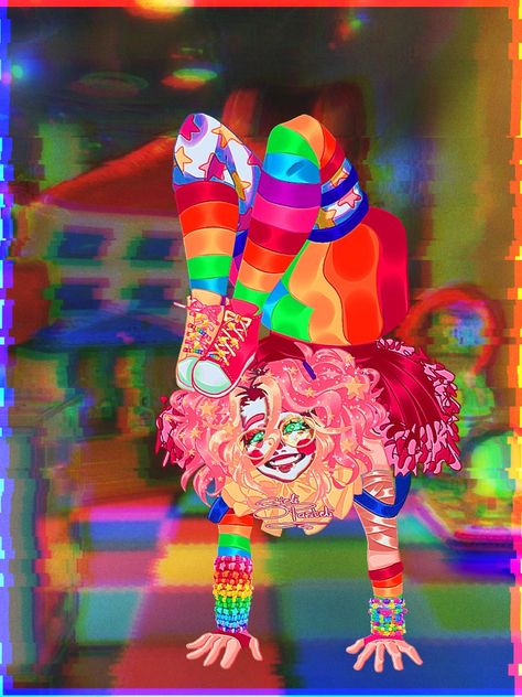 Red orange yellow green blue purple pink, noise filter, noise effect, pink hair, blonde hair, clown, stars, colourful, play zone, kids play zone Weird Cute Art, Dream Core Art, Weird Core Characters, Colorful Oc, Rainbow Clown, Dreamcore Drawing, Weird Core Oc, Weird Core Art, Dreamcore Character