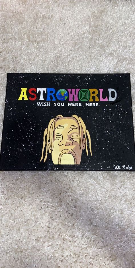 Travis Scotts’ album painting Song Cover Paintings, Juice World Paintings Canvas, Astro World Painting, Travis Scott Painting Canvas, Album Painting Ideas, Cool Album Covers To Paint, Album Covers To Paint, Astroworld Painting, Easy Album Covers To Paint