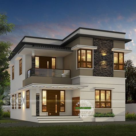 Flat roof Kerala home design Nught view rendering Modern House Design Exterior, Flat Roof House Designs, House Structure Design, Two Story House Design, Flat Roof House, Eksterior Modern, 2 Storey House Design, House Outer Design, House Roof Design