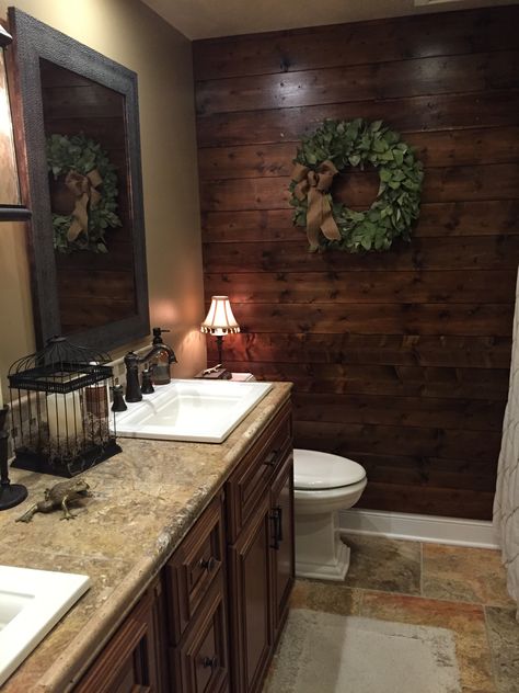 Bathroom Ideas With Wood Walls, Wood Plank Bathroom Wall, Wooden Wall In Bathroom, Bathroom With Wood Accent Wall, Wood Accent Wall In Bathroom, Wood Wallpaper Bathroom, Wood Wall In Bathroom, Wood Plank Bathroom, Wood Accent Wall Bathroom