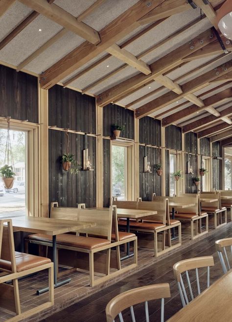 Wood Design Interior, Michael Hsu, Interior Design Wood, Restaurant Booth Seating, Restaurant Booth, Restaurant Seating, Natural Homes, Casual Dining Rooms, Live Oak Trees