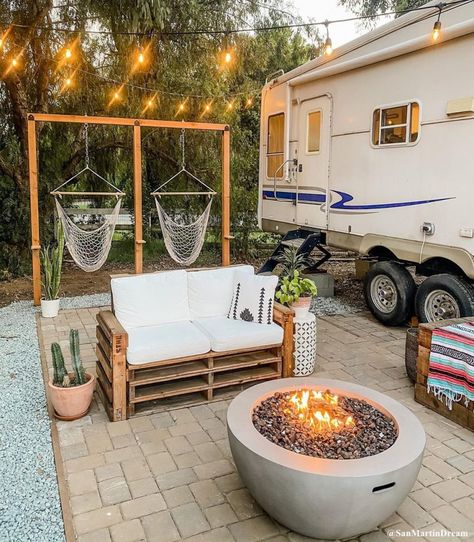 Decorating ideas for your RV patio or campsite that will inspire you to create a relaxing outdoor living space at your RV park, campground, or boondocking spot. | rvinspiration.com | #RVpatioideas #RVpatiodecoratingideas #campsitedecoratingideas #RVcampsitedecoratingideas Campsite Decorating Ideas, Campsite Decorating, Campsite Setup, Decorating Your Rv, Rv Patio, Rv Campsite, Concrete Fire Pits, Rv Renovations, Camper Living