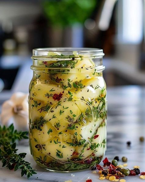 Marinated Cheese In A Mason Jar, Herb And Garlic Marinated Cheese In A Mason Jar, Appetizer In A Jar, Bariatric Appetizers Parties, Herb And Garlic Marinated Cheese, Marinated Potatoes In A Jar, Marinated Cheese And Olives In A Jar, Mason Jar Fermentation Recipes, Marinated Appetizers