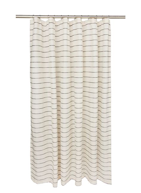 This 72"x72" shower curtain features a classic taupe and ivory waffle grid design for a textured, updated look to refresh your bathroom. Made with buttonhole finishing and machine washability for ease of use. allen + roth 72-in W x 72-in L Ivory and Black Striped Polyester Shower Curtain in White | 31739