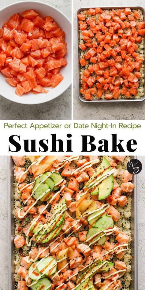 This easy Sushi Bake is fun to enjoy as an appetizer or share with your special someone for a date night-in! Made with tender salmon, slightly crispy rice, fresh veggies, and a drizzle of kewpie mayo. Definitely a fun twist on the classic sushi roll! Ahi Tuna Sushi Bake, Gluten Free Sushi Bake, Sushi Bake With Salmon, Sushi Baked Recipes, Crunch Roll Sushi Bowl, Salmon Sushi Bake Recipe Easy, Simple Sushi Recipes, Sushi Bake Salmon, Salmon Baked Sushi