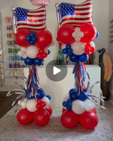 Ashley Cash, Party shop & balloons in Louisiana on Instagram: "It’s a party in the USA! 🇺🇸 So fun making these party poles for a 4th of July celebration!

Thanks to Lilly for the firework inspiration, @thecreativeheartstudio! 🎆

Foil balloons from @tuftexballoons 

•
•
•
#partypole #crazytower #partyintheusa #fourthofjuly #4thofjuly #4thofjulyballoons #4thofjulyparty #fourthofjulydecor #celebrationessentials #balloondecor #nolaballoons #corporateballoons #balloonbar #partyshop #mandevillela #covingtonla" Party In The Usa, Fourth Of July Decor, 4th Of July Celebration, 4th Of July Party, Party Shop, Foil Balloons, Balloon Decorations, Fourth Of July, Fireworks