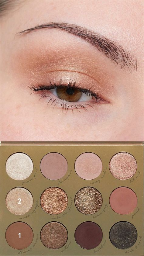 Simple, easy, everyday eyeshadow look using the ColourPop Fairy Well Palette. How To Shimmer Eyeshadow, Neutral Tone Eyeshadow Looks, Gold Eyeshadow Tutorial Step By Step, Eyeshadow Looks Beginner, Minimalist Eyeshadow Looks, Gold Glitter Eye Makeup Simple, Natural Makeup Eye Looks, Champagne Makeup Look Brown Eyes, Simple Neutral Eyeshadow