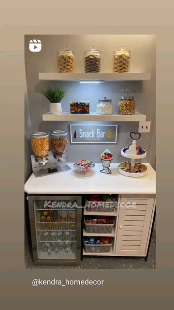 Coffee Bar Ideas For Salon, Snack Bar At Home Ideas, Snack Coffee Bar Ideas, Loft Snack Bar, Salon Snacks Bar Ideas, Cute Snack Bar Ideas, Nail Salon Snack Bar, Family Room Snack Bar Ideas, Coffee Bar Ideas At Work