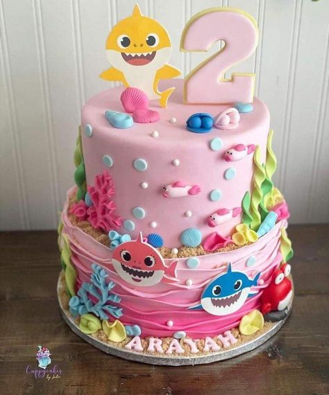 Theme Anniversaire Baby Shark, Baby Shark Bday Party, Pastel Baby Shark Party, 2 Year Birthday Theme Girl Cake, Pinkfong Birthday Cake, Bebe Finn Cake, Birthday Themes For 2 Year Girl, Baby Shark Torte, Baby Shark Birthday Party Girl Two