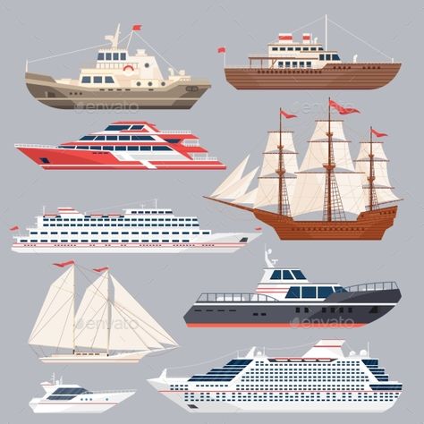 Set of Different Vessels. Sea Boats and Other Big Yacht Illustration, Mixing Paint Colors, Ship Vector, Boat Illustration, Nautical Prints, Boat Drawing, Boat Cruise, Vintage Boats, Ship Drawing