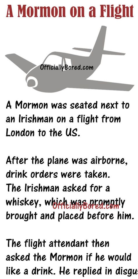 When Mormon was on a Flight with an Irishman | OfficiallyBored Puerto Rican Jokes, Mormon Jokes, Funny Women Jokes, Mormon Humor, Jokes About Men, Couples Jokes, Joke Stories, Irish Quotes, Wife Jokes