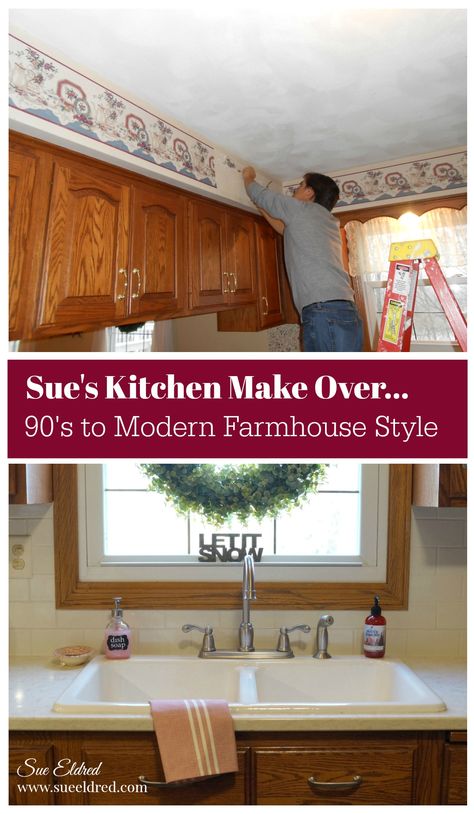 Taking our old 90's outdated kitchen and making it over into a modern farmhouse style on a budget.  From Sue's Creative Workshop www.sueeldred.com  #Kitchen #makeover #remodel #home #diy #farmhousedecor #farmhousekitchen #frenchcountry #homedecor #decorating Early 2000 Home Remodel, 90s Kitchen Makeover, Early 2000s Kitchen Remodel, Diy Kitchen Remodel On A Budget, 90s Kitchen Remodel Before And After, 90s House Remodel, 90s Kitchen Update, 90s Farmhouse, Kitchen Soffit Decorating Ideas