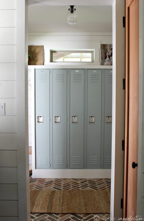 Metal Lockers Mudroom, Mudroom Remodel, Farmhouse Mudroom, Mudroom Storage, Locker Designs, Vintage Lockers, Introductory Paragraph, Mudroom Lockers, Custom Farmhouse