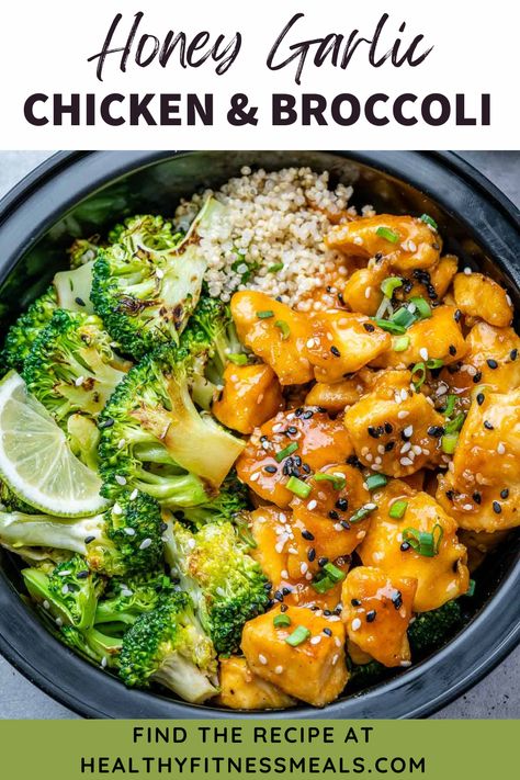 If you love to meal prep your meals you will love this easy honey garlic chicken & broccoli recipe! It’s so juicy and tasty, loaded with protein and fiber, and ready in just 30 minutes. Add about 1/2 cup of cooked quinoa to each meal prep bowl. Divide the broccoli and chicken among your bowls and arrange over the quinoa. Garnish with green onions, sesame seeds, and lime wedges. Refrigerate for up to 4 days. Serve cold or reheated, as desired. Chicken Broccoli Bowls Healthy, Low Sodium Chicken And Broccoli, Chicken Broccoli Quinoa Bowl, Chicken And Broccoli Quinoa, Chicken Broccoli Bites, Healthy Chicken Quinoa Recipes, Chicken Edamame Bowl, Quick Reheatable Meals, Energy Dinner Recipes