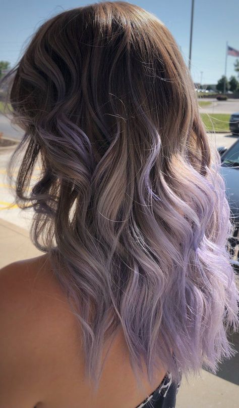 Lavender Hair Color: Cute and Chic Ash Brown With Purple Highlights, Lavender Ombré Hair, Ashy Purple Highlights, Lavender Money Piece Hair Brunette, Brunette Dyed Hair Ideas, Lavender Tips Hair, Light Brown Hair With Lavender, Lilac And Brown Hair, Brown And Lilac Hair