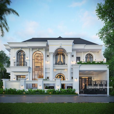 "1807th Design" . This house design is owned by our client located in Sidoarjo. Located on a hook land, this 2-story classic house looks elegant with white domination, 2 facades, curved accents, classic ornaments to the majestic Corinthian column at the entrance area. Then to make it more charming, our residential backyard is equipped with a swimming pool, decking, seating area to tropical greenery, creating a coveted vacation impression! . The 33rd design of June, 181st design of year 2023, ... Classical House Elevation, Architecture Neoclassical, Neoclassical House, Pool Decking, Design Elevation, Emporio Architect, Classical House, Tropical Greenery, Corinthian Column