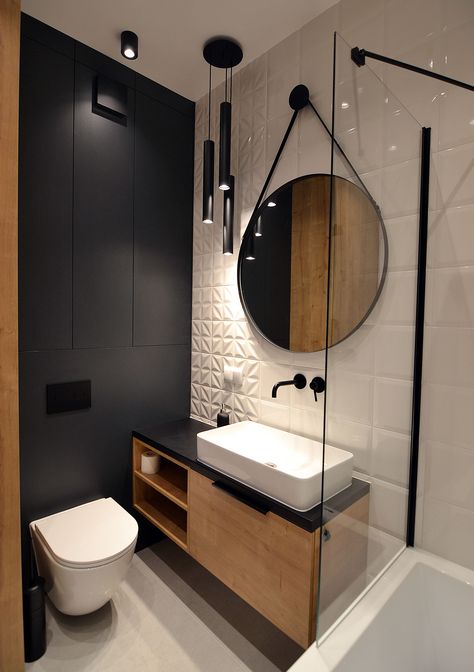 Black White Wood Bathroom Ideas, Kupaonice Moderne, Black And Wood Bathroom, Bathroom Inspo Interior Design, Bathroom Decor Luxury, Washroom Design, Small Bathroom Makeover, Bathroom Design Inspiration, Bathroom Design Decor