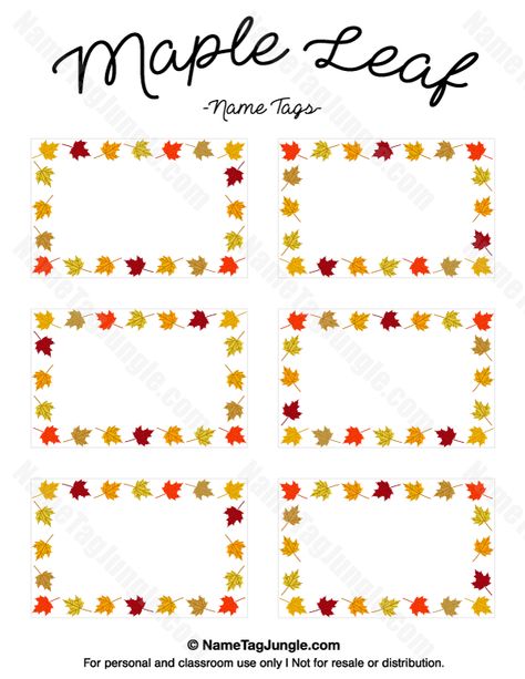 Free printable maple leaf name tags. The template can also be used for creating items like labels and place cards. Download the PDF at http://nametagjungle.com/name-tag/maple-leaf/ Fall Name Tags For Cubbies, Fall Name Tags Free Printable, Fall Cubby Tags Preschool, Free Printable Name Tags Templates, Fall Cubby Tags, Cubby Tags Preschool, Leaf Name Tags, Fall Name Tags, Cubby Name Tags