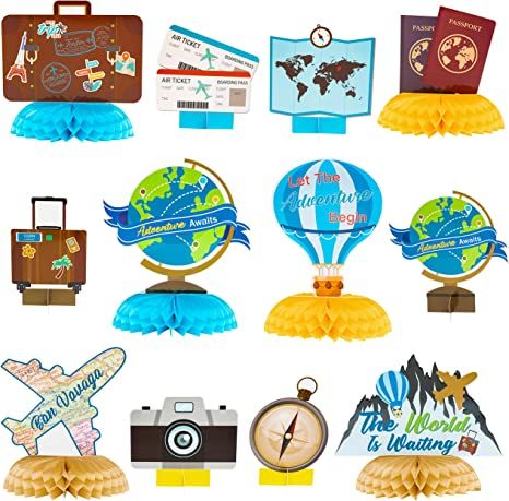 Adventure Awaits Party, Travel Theme Party Decorations, Kids Party Centerpieces, Bon Voyage Party, Around The World Theme, Adventure Decor, Adventure Party, Travel Party Theme, Party Fotos