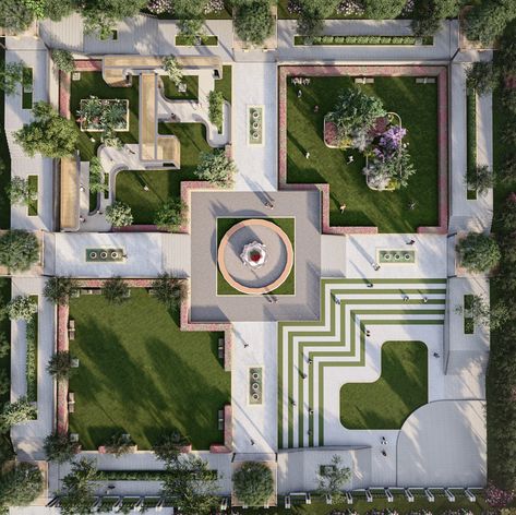 Garden at Orchha, Madhya Pradesh :: Behance Landscape Design Pathway, Landscape Site Plan Design Architecture, Township Landscape Design, Park Layout Landscape, Symmetrical Landscape Design, Rectangular Landscape Design Plan, Geometric Garden Design, Landscape Design Architecture Plan, Steps Design Outdoor