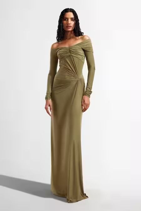 Buy Green Malai Lycra Plain Straight Connie Off Shoulder Draped Dress For Women by Deme by Gabriella Online at Aza Fashions. Off The Shoulder Long Sleeve Dress, Lycra Dress Styles, Drape Gowns Indian, Guest Checklist, Draped Gown, Green Plain, Drape Gowns, Drape Maxi Dress, Off Shoulder Gown