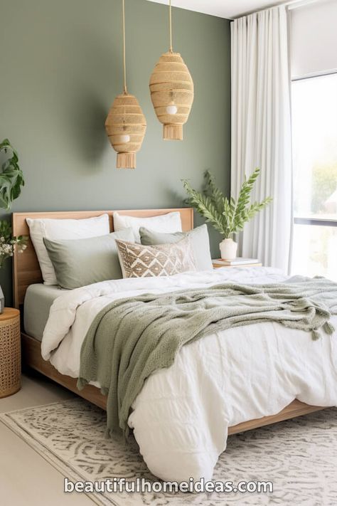 29 Beautiful Sage Green Bedroom Ideas - Beautiful Home Ideas Neutral Room With Plants, Sage Green Sheets Bedding, Master Bedrooms Decor Green Accent Wall, Light Green Coastal Bedroom, Sage Green And Oak Bedroom, Sage Green Wall Paint Bedroom, Eucalyptus Bedroom Color Palettes, Sage And Cream Bedroom Ideas, Light Green Bedding Aesthetic