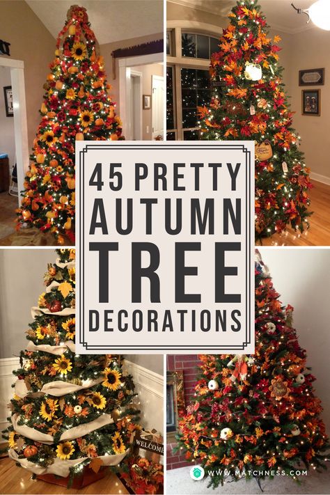 Fall Themed Tree Ideas, Fall Tree Branch Decor, Christmas Tree With Fall Decorations, Fall Tree Indoor, Fall Decor Christmas Tree, Christmas Tree Decorated For Fall, Christmas Tree Thanksgiving Decor, Fall Xmas Tree Decorations, Fall Holiday Tree