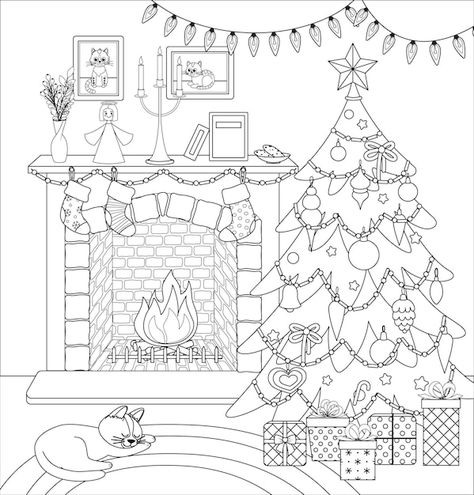 Christmas interior coloring page black a... | Premium Vector #Freepik #vector #color-book #christmas-coloring #kids-illustration #kids-book Illustration Kids, Book Christmas, Kids Illustration, Vector Christmas, Christmas Interiors, Color Book, Christmas Living Rooms, Christmas Fireplace, Christmas Coloring